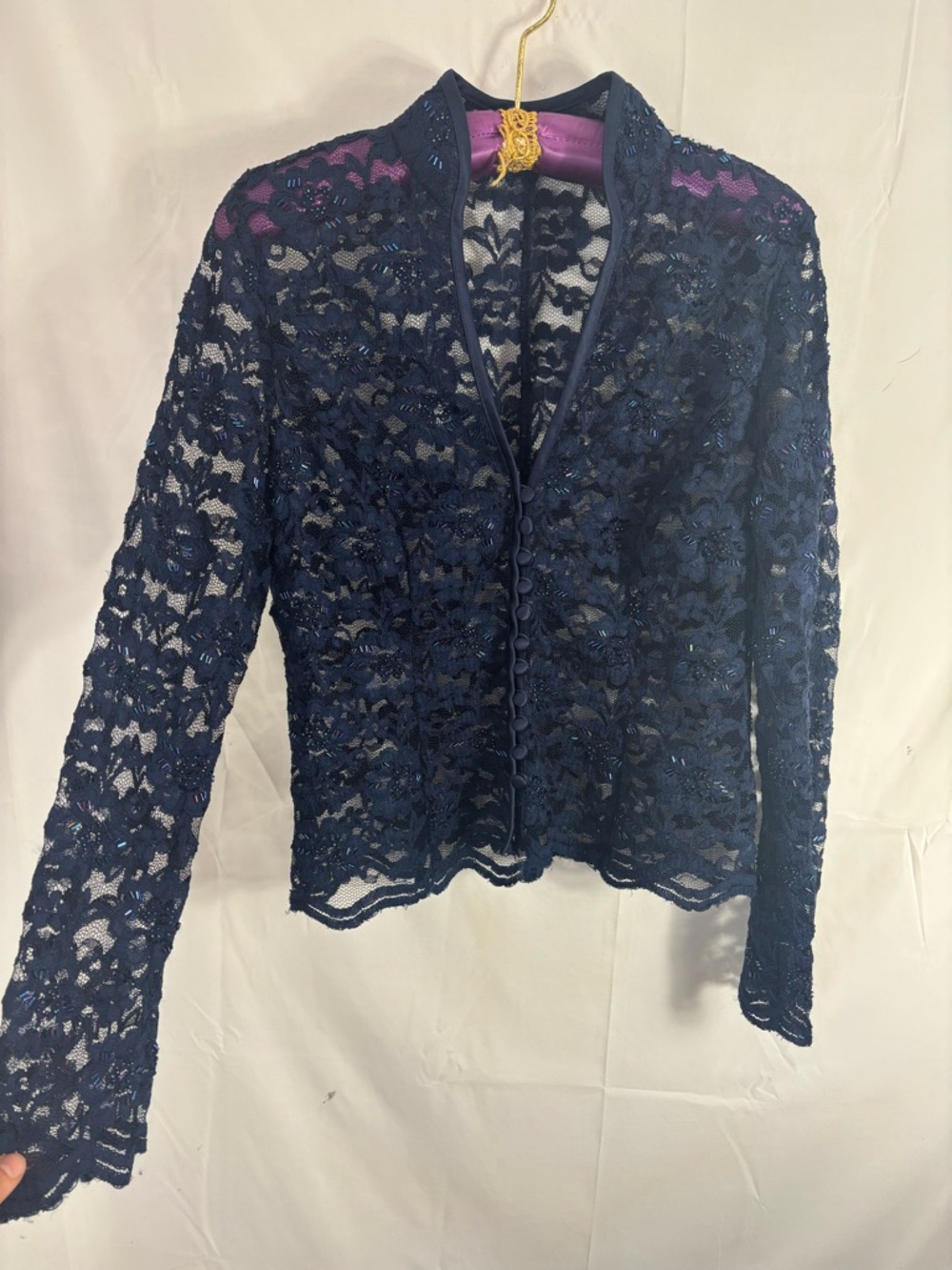Lace Beaded Long Flare Sleeve Witchy Whimsigoth Sheer Button Up Blouse Size L - Picture 3 of 16